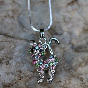 NEW Multicolor Crystal Cat Kitty 1" Pendant on 16" Chain